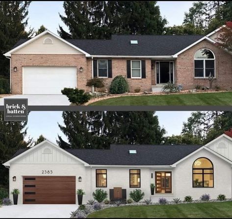 Brick Home Transformation, Exterior House Renovation, Architecture Renovation, Ranch House Exterior, Painted Brick House, Exterior Home Design, House Makeovers, Exterior House Remodel, Home Exterior Makeover