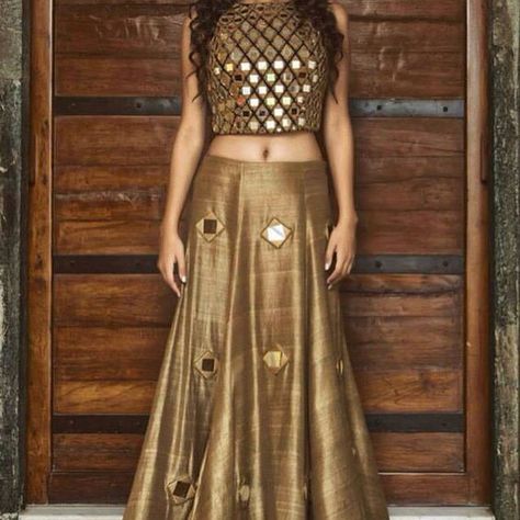 #IndianBride #SalwarKameez #Sarees #Lehenga #Choli #jewelry #earrings #necklaces #IndianWedding Latest Lehenga Designs, Choli Design, Mirror Work Lehenga, Skirt And Crop Top, Lehenga Pattern, Mirror Work Blouse, Choli Designs, Velvet Clothes, Lehenga Blouse