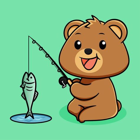 Vet Study, Bear Vector Illustration, Fishing Bear, Bear Fishing, Happy Bear, Bear Vector, Nautical Nursery Decor, Fish Illustration, Kids Fishing