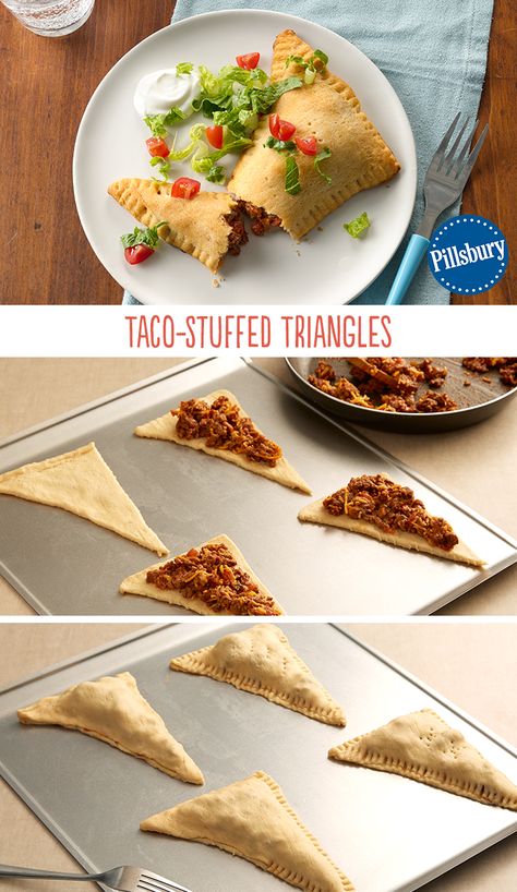 These Taco-Stuffed Triangles are a great Taco Tuesday weeknight meal. Made with our Pillsbury crescents, it's a fresh and easy take on tacos. Your family will love biting into their very own triangle. Healthy Food Ideas, Crescent Recipes, Eat Healthy Food, Crockpot Healthy, Pillsbury Recipes, Crescent Roll Recipes, Recipes Crockpot, Recipes Chicken, Taco Tuesday