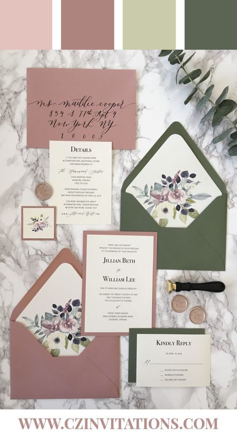 Wedding Colors Dusty Rose, Floral Envelope Liner, Dusty Pink Weddings, Floral Envelope, How To Dress For A Wedding, Wedding Watercolor, Wedding Green, Dusty Rose Wedding, Spring Wedding Colors