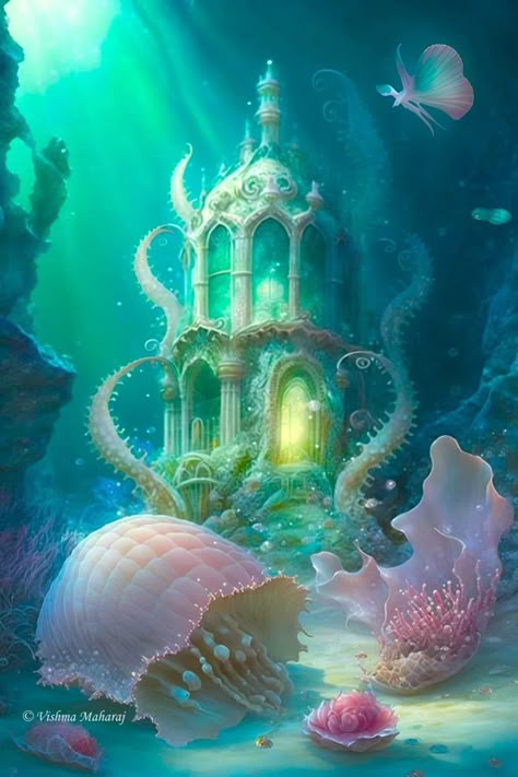 Mermaid Palace Under The Sea, Magical Underwater World, Underwater World Fantasy Mermaids, Mermaid City Underwater, Underwater House Fantasy Art, Water Kingdom Fantasy Art, Mermaid Castle Underwater, Mermaid House Underwater, Mermaid City