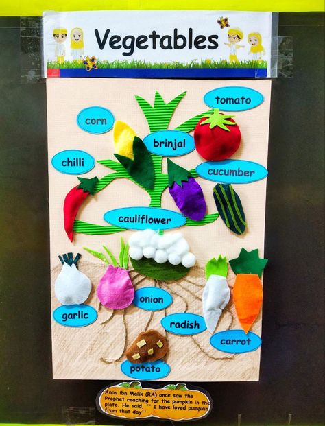 Vegetable Chart For Preschool, Vegetable Art And Craft Preschool, Play Group Class Wall Decoration Ideas, Vegetable Projects For Kids, Vegetables Art And Craft For Preschool, Playgroup Class Decoration, Vegetable Theme Preschool, Vegetables Activities For Preschool, Fruits And Vegetables Activities