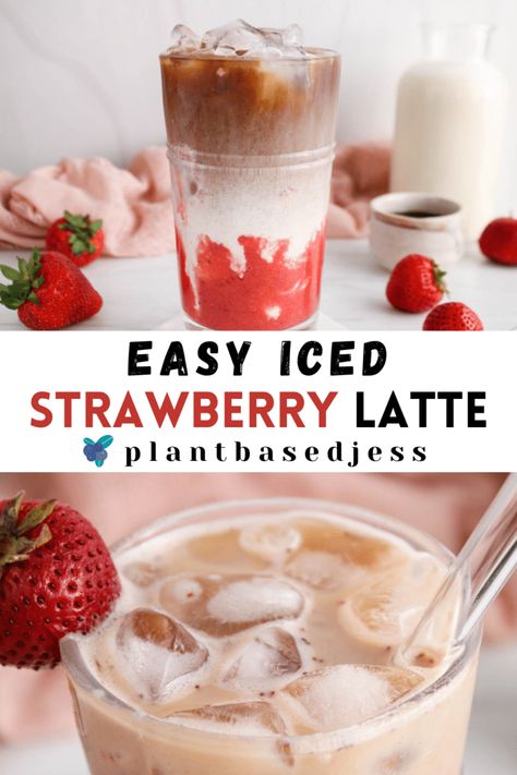 Homemade Strawberry Milk, Strawberry Purée, Strawberry Latte, Iced Latte Recipe, Strawberry Coffee, Nespresso Recipes, Cold Coffee Recipes, Strawberry Protein, Blueberry Coffee