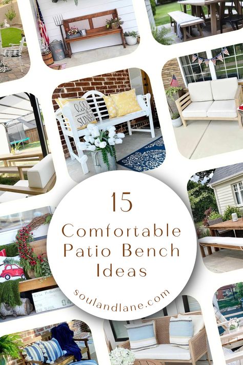 Create a serene retreat in your backyard with cozy patio bench designs. A classic wrought iron bench with soft cushions offers a timeless look and comfort. For a modern twist, choose a sleek concrete bench paired with vibrant throw pillows. Integrate a bench into your landscaping with a wooden design that doubles as a planter. A curved bench around a garden focal point encourages peaceful contemplation. These bench ideas enhance your outdoor space, providing the perfect spot to unwind or enjoy n Concrete Patio Bench Ideas, Bench Porch Ideas, Front Porch With Bench Ideas, Bench Ideas Outdoor, Front Porch Bench Ideas, Wooden Benches Outdoor, Outdoor Bench Decorating Ideas, Front Entry Bench, Patio Bench Ideas