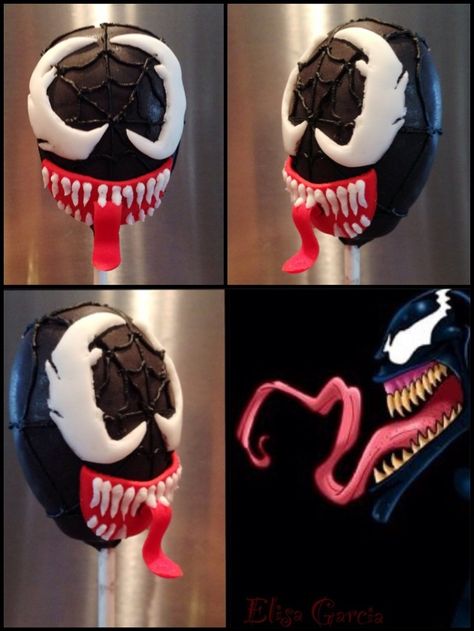 Venom cake pops, great for a Spider man themed birthday Venom Cake Pops, Carnage Cake, Venom Cake, Venom Party, Spiderman And Venom, Venom Carnage, Spiderman Theme, Avenger Birthday Party