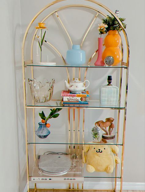 Shelf Decor Living Room Eclectic, Retro Shelf Decor, Art Deco Shelf Decor, Thrifted Shelf Decor, Funky Bookshelf Decor, Danish Pastel Shelf, Pastel Eclectic Living Room, Danish Pastel Shelf Decor, Danish Eclectic Decor