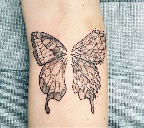 Crystal Butterfly Tattoo, Glass Butterfly Tattoo, Doll Suitcase, M Tattoos, Spooky Tattoos, Crystal Butterfly, Glass Butterfly, Broken Glass, Butterfly Tattoo