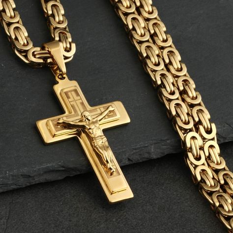 Gold Chain With Cross For Men, Cross Necklace For Men Gold, Mens Cross Pendant Gold, Luxury Men's Cross Pendant Necklaces, Gold Cross Necklace Mens Jewelry1000.com, Boys Jewelry, Cross Chain, The Cross Of Christ, Gold Rings Fashion