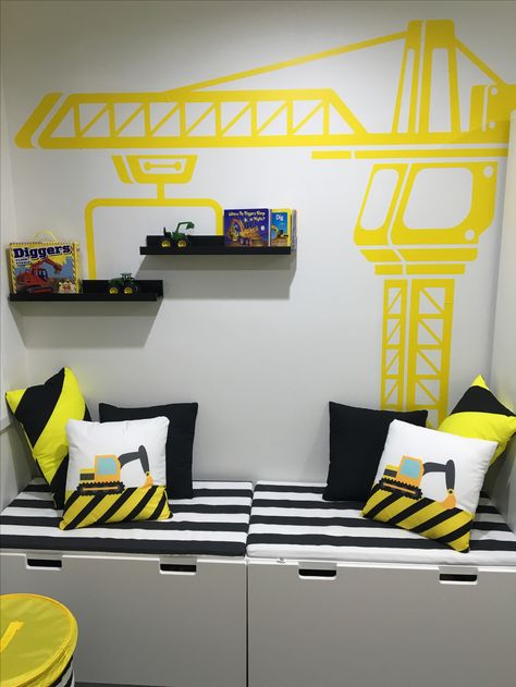 Digger theme room Construction Theme Bedroom Decor, Construction Theme Room Little Boys, Kids Construction Bedroom, Construction Themed Room, Digger Bedroom Ideas, Digger Themed Bedroom, Tractor Themed Bedroom, Construction Bedroom Boys, Construction Toddler Room