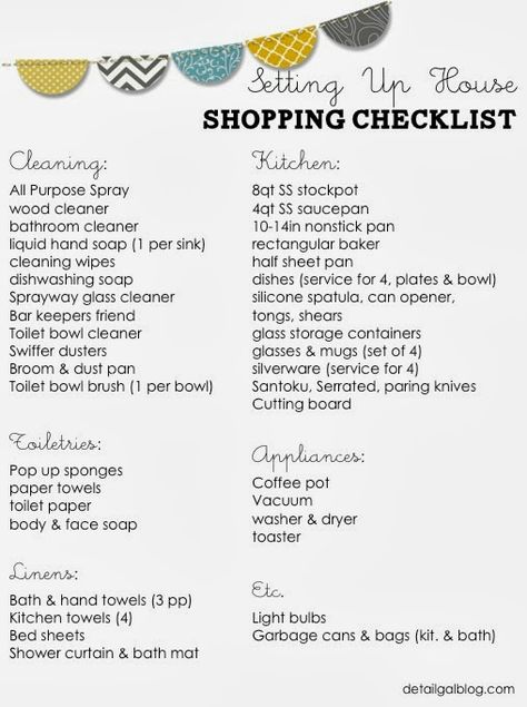 www.detailgal.com: Setting Up House Checklist: Kitchen, Cleaning, Linens First Home Checklist, Shopping Checklist, House Checklist, New Home Checklist, Kitchen Basics, Apartment Checklist, College House, House Essentials, 1st Apartment