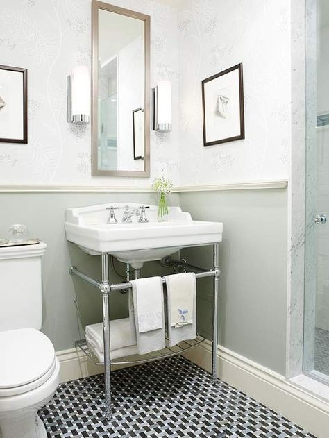 Pedestal Sink Console - Foter  Using a piece of wood to divide the wall -- bottom painted gray Bathroom Wetroom, Pedestal Sink Storage, Small Farmhouse Bathroom, Yellow Bath, Bathroom Space Saver, Farmhouse Bathroom Decor Ideas, Small Bathroom Sinks, Tub Bathroom, Console Sink