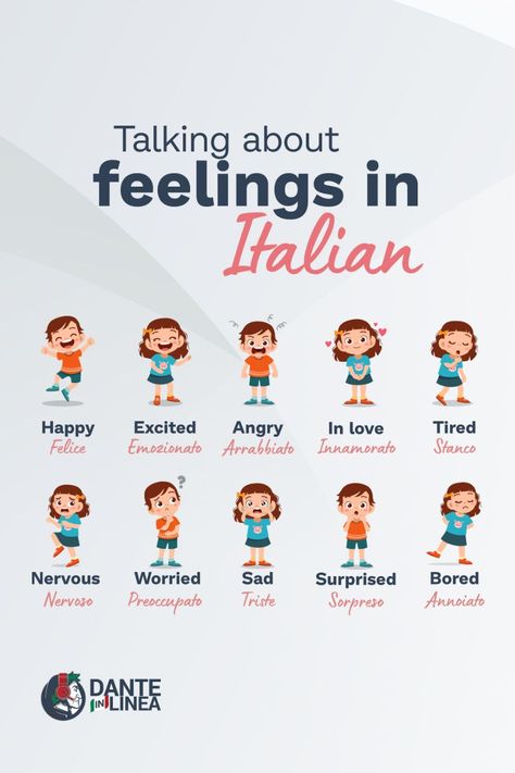 How to express feelings in Italian ... The most common way to express emotions and feelings in Italian. #danteinlinea #feelingsinitalian #emozione #learnitalian #italiancourse #italianlanguage Most Common Italian Words, How To Speak Italian Learning, How To Learn Italian, Italian Basics, Cool Italian Words, Italy Language, Beautiful Italian Words, Italian Study, Talking About Feelings