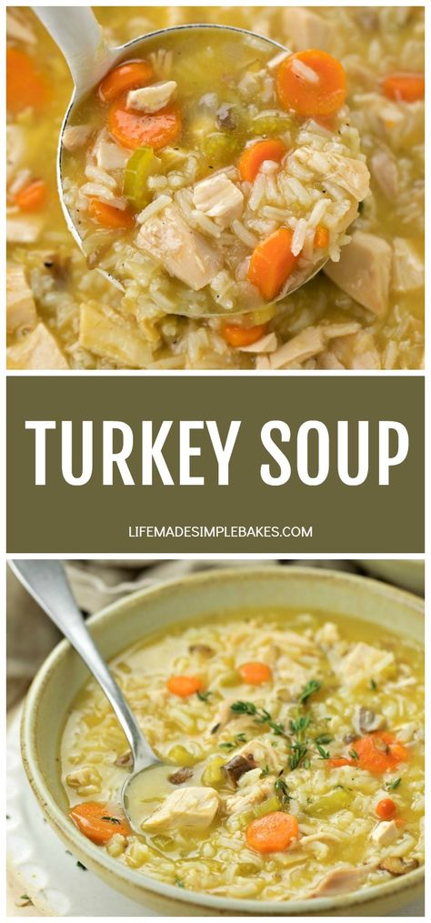 This Turkey Soup is delicious, comforting and a perfect way to use up leftover turkey from your holiday meals! The flavors from the roasted turkey, vegetables and herbs make this one of my all-time favorite soups! #turkeysoup #souprecipes #turkeysouprecipe #soup Turkey Rice Soup, Cozy Soups, Cheesy Cauliflower Soup, Leftover Turkey Soup, Leftover Thanksgiving, Turkey Soup Recipe, Winning Recipes, Favorite Soups, Rice Soup Recipes