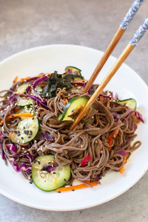 Japanese Noodle Salad, Soba Noodle Recipe, Spicy Korean Noodles, Korean Noodle Dishes, Soba Noodles Recipe, Noodles Ideas, Soba Noodles Salad, Soba Noodle, Buckwheat Noodles