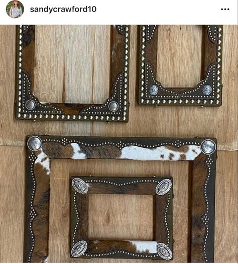 Make Picture Frames, Western Picture Frames, Cowhide Decor, Leather Picture Frames, Making Picture Frames, Old Picture Frames, Ranch Decor, Boutique Ideas, Western Boutique