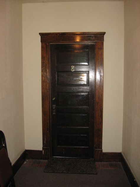 Front door of my first apartment in the historic old Del Mar Apartment building, built 1914. Glad to see that the original beautiful woodworking and heavy old doors were still there. Photo taken 2012. Apartment Door Aesthetic, Old Hotel Aesthetic, Apartment Front Door, Apartment Entrance Door, Apartment Front Doors, Apartment Front, My First Apartment, Hallway Door, Vintage Apartment