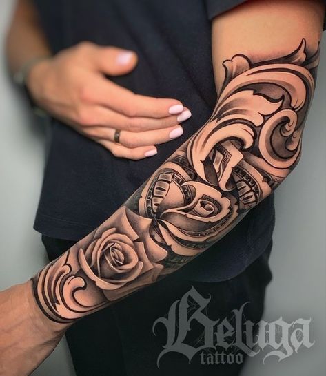 Dollar Rose, Money Rose Tattoo, Half Sleeve Tattoos Forearm, Places To Get Tattoos, Filigree Tattoo, Half Sleeve Tattoos Drawings, Forearm Band Tattoos, Hand Tattoos For Girls, Forearm Sleeve Tattoos