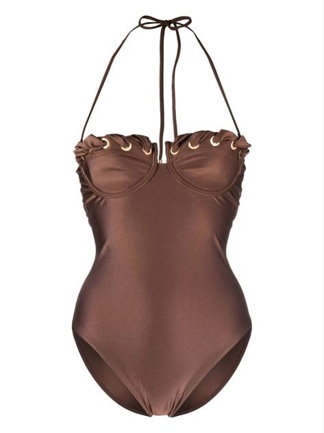 New Season ZIMMERMANN Devi eyelet-detail swimsuit Zimmerman Swimwear, Swimsuit Brown, Halter Neck Swimsuit, Bra Sizes, Try On, Chocolate Brown, New Season, Fashion Branding, Tights