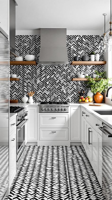 Black and White Modern Kitchen Ideas Checkerboard Floor Kitchen, Tile Pattern Ideas, White Minimal Kitchen, Black And White Modern Kitchen, Black And White Kitchens, White Tile Pattern, White Modern Kitchen Ideas, Mosaic Floors, Monochrome Kitchen