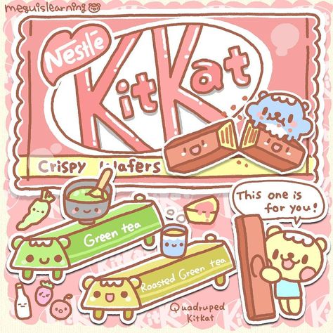 Kit Kat is a chocolate-covered wafer bar from the UK and it's one of my favorite chocolate snacks! Since there are many Japanesey flavors, I really felt like drawing one. At this moment, I have a roasted green tea flavor at home. I really wanna try wasabi, cheesecake and Japanese sake flavors! I especially like the green tea and the black kit kat♪  By the way, it was cold in Tokyo! I felt the winter came back again. Hey, my friend in Tokyo, Keep yourself warm! Don't catch cold while on a trip. . Aesthetic Candy, Candy Drawing, Look Wallpaper, 귀여운 음식 그림, Charmmy Kitty, Doodle Design, Chocolate Snacks, Kawaii Illustration, Cute Food Drawings