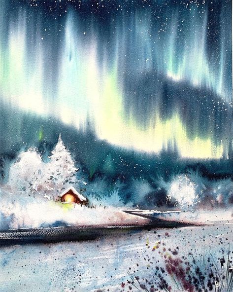 Painting Aurora Borealis, Painting Aurora, Night Sky Painting, Diy Watercolor Painting, Painting Media, Winter Painting, Nature Painting, Painting Medium, Expressionism Art