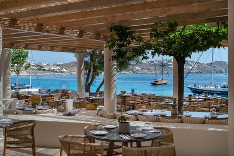 Best Hotels In Greece, Anniversary Trip Ideas, Hotels In Greece, Seaside Restaurant, Contemporary Mediterranean, Mykonos Hotels, Amazing Hotels, Greek Restaurants, Mykonos Greece