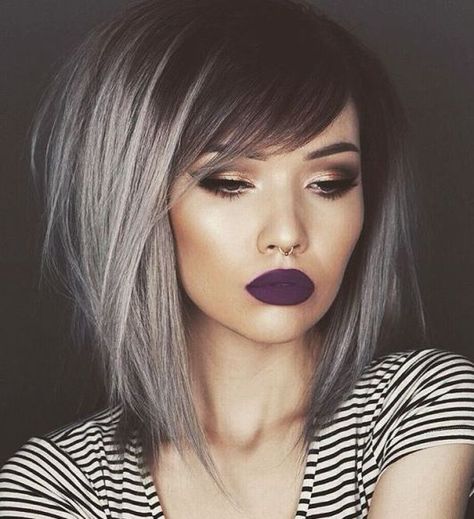 Medium Black Hair With Gray Balayage                                                                                                                                                                                 More Blond Cenușiu, Bob Hair Color, Bob Hairstyles With Bangs, Silver Hair Color, Emo Hair, Blonde Bobs, Grey Hair, Great Hair, Silver Hair