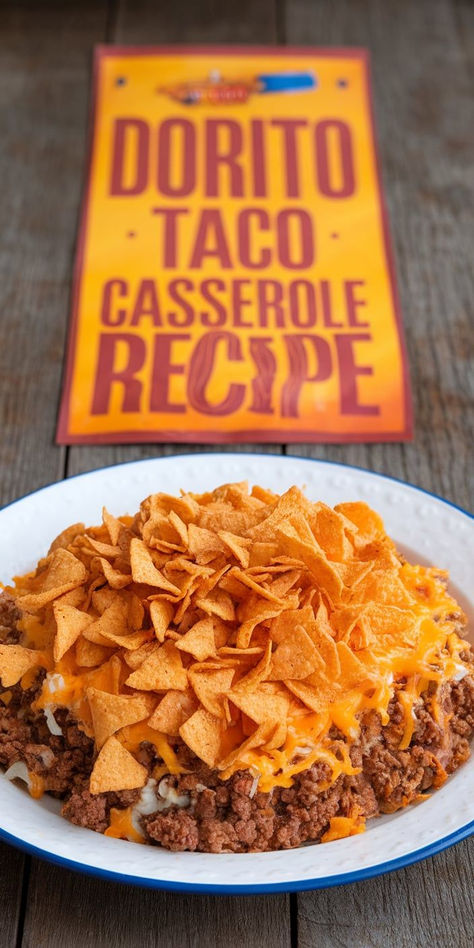 A fun twist on Taco Tuesday! This Dorito Taco Casserole combines all your favorite taco ingredients in one cheesy, crispy casserole. Dorito Taco Casserole Bake, Taco Bake With Doritos, Taco Noodles, Dorito Taco Bake, Chicken Dorito Casserole Recipe, Dorito Taco Casserole, Taco Casseroles, Taco Casserole Bake, Dorito Taco