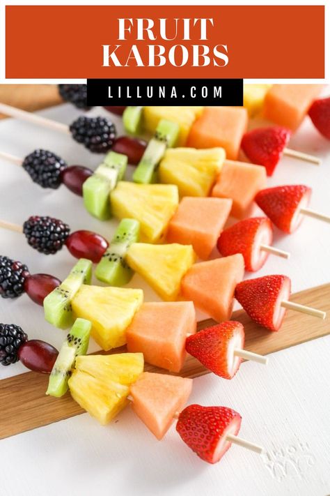 Colorful fruit kabobs are the best appetizer or side for any occasion! Load up your favorite fruits and get snacking. #fruitkabobs #fruit #kabobs #appetizer #partyrecipes Halloween Skewers, Kabobs For Party, Fruit Kabobs For Party, Nutella Fruit Dip, Cheesecake Fruit Salad, Fruit Buffet, Creamy Pasta Bake, Veggie Kabobs, Veggie Cups