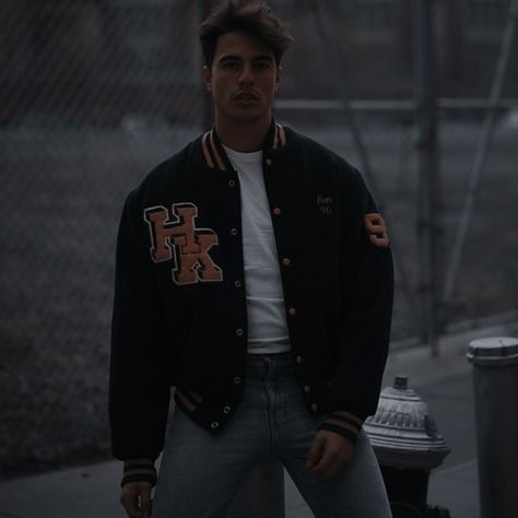 Letterman Jacket Outfit Men, Jock Aesthetic, Letterman Jacket Outfit, Crimson Moon, Jacket Outfit Men, Romance Tropes, Harvey Kinkle, Smart Casual Menswear, Stylish Men Casual