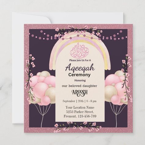 Pink Glitter Aqeeqah- Aqiqah- Muslim Invitation Aqiqah Invitation Cards, Aqeeqah Party Ideas, Aqeeqah Invitation Card, Aqiqah Ceremony, Ceremony Ideas, Fancy Shoes, Kids Entertainment, Pink Glitter, Invitation Card