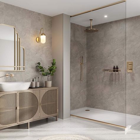 Matt Marble Bathroom, Bathroom Elevation Drawing, Grey Gold Bathroom, Shower Panels Wall, Bathroom Elevation, Laminate Shower Panels, Marble Bathroom Wall, Tiny Wet Room, Waterproof Bathroom Wall Panels