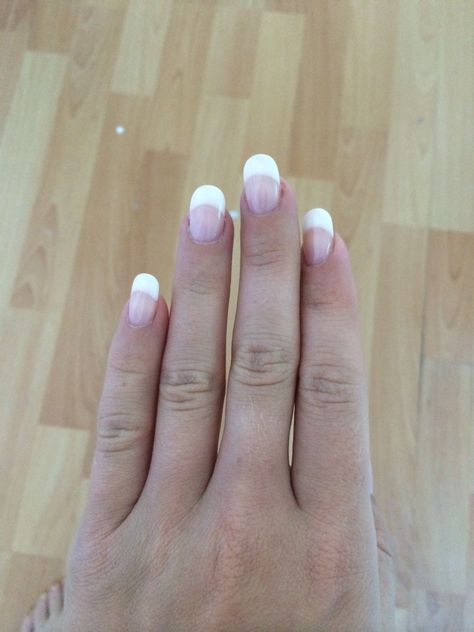 Oval/rounded square gel nails. Bio sculpture with tip extensions and a French design (: Natural French Nails Oval, Oval Nail Extensions, Gel French Manicure Oval, Short Oval White French Tip Nails, Gel Extension French Tip, American Manicure Nails, French Fade Nails, Fade Nails, Square Oval Nails