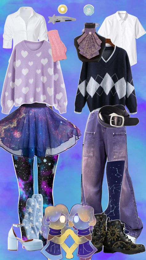 Pollux, Castor, fnaf, clothes Daycare Outfits, Weirdcore Outfits, Fnaf Costume, Castor And Pollux, Sun And Moon Drawings, Character Inspired Outfits, Clothing Design Sketches, Fandom Outfits, Kawaii Fashion Outfits