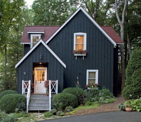 Dark Green House, New England Exterior, Tin Roof House, Coastal Cabin, Very Dark Green, Brown House, Cottage Exterior, Farm Barn, Exterior Paint Colors