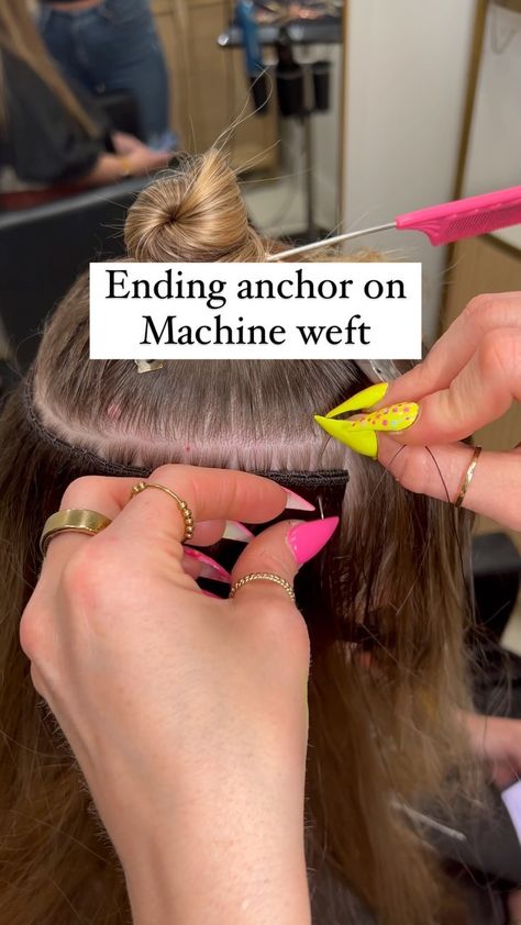 Here is how I do my end anchor when sewing in my @bellamihairpro volume weft. I switched it up a little because I was finding the corners… | Instagram Sew In Weft Hair Extensions Placement, Sew In Weft Hair Extensions, Hair Extensions Tutorial, Sew In Extensions, Tape Ins, Sew In Hair Extensions, Dark Brunette Hair, Hollywood Hair, Dark Brunette