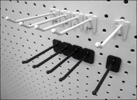 One Lug Pegboard Hooks in Metal and Plastic Compared Large Pegboard Display, Pegboard Visual Merchandising, Large Hole Pegboard, Pegboard Hardware, Giant Pegboard, White Pegboard, Stationery Store Design, Electrical Shop, Steel Pegboard