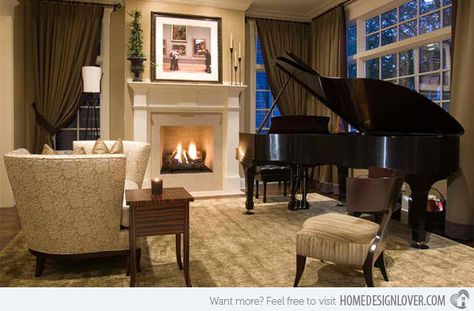 15 Grand Piano Set-ups in Traditional Living Rooms | Home Design Lover Grand Piano Living Room, Piano Room Design, Grand Piano Room, Piano Room Decor, Piano Living Rooms, Traditional Design Living Room, Piano Decor, Piano Room, Transitional Living