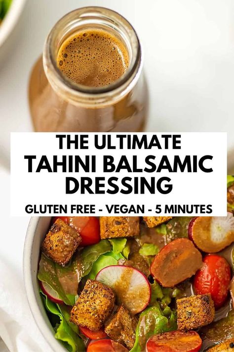 Tahini Balsamic Dressing is creamy, tangy, and easy to make with simple ingredients in just 5 minutes. It's also oil-free, whole food plant-based, Whole30 compliant, vegan, gluten-free, and dairy-free, making it a versatile choice for meal prep or any occasion. Oil Free Balsamic Dressing, Balsamic Tahini Dressing, Tahini Dressing Salad, Olive Dressing Recipe, Vegan Tahini Dressing, Whole 30 Salads, Vegan Dressings, Oil Free Salad Dressing, Salad With Tahini Dressing