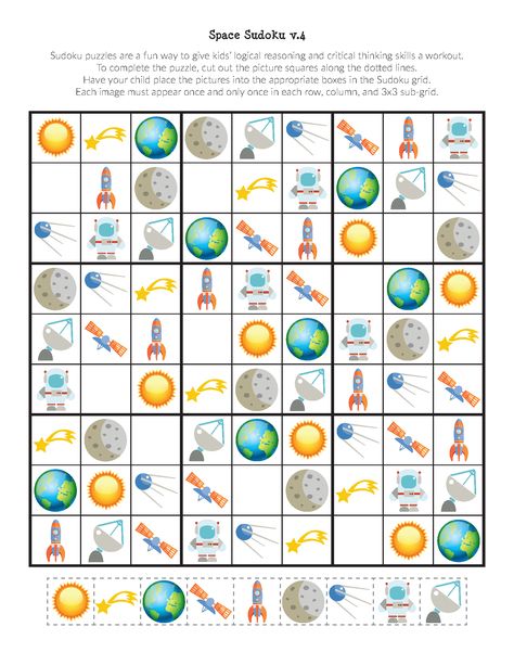 Free printable Space Sudoku Puzzles for space loving kids in preschooler through second grade. What a great way to stimulate critical thinking skills! || Gift of Curiosity Space Printables, Solar System Worksheets, Easter Templates Printables, Kids Art Studio, Space Activities, Card Games For Kids, Sudoku Puzzles, 1st Grade Worksheets, Indoor Activities For Kids