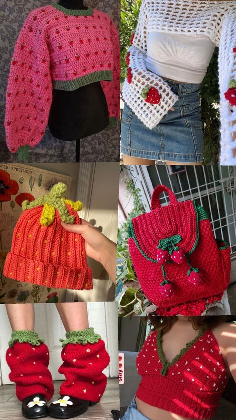 Strawberry crochet outfit inspo Strawberry Milk Aesthetic Outfits, Strawberry Aesthetic Fashion, Crochet Strawberry Clothes, Strawberry Outfit Ideas, Strawberry Themed Outfit, Crochet Strawberry Sweater, Strawberry Aesthetic Outfit, Strawberry Outfit Aesthetic, Crochet Outfits Aesthetic