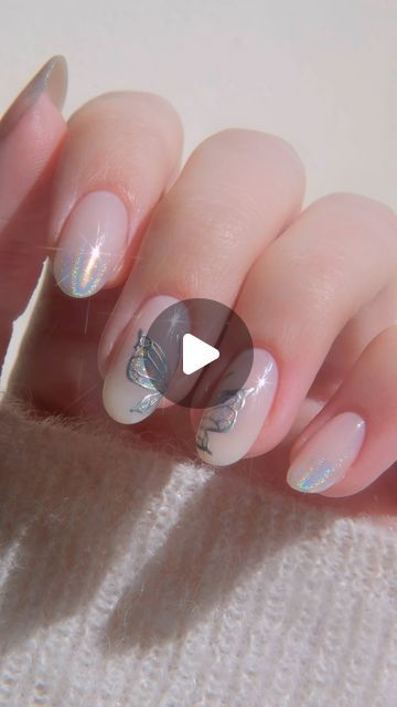 Amber Hancock on Instagram: "Holographic Butterflies🦋💫😇🫧 they look so magical in sunlight!   Using @the_gelbottle_inc Precious, Mirror Chrome studio gel & Prism chrome pigment   Inspired by @naildiary0   #butterflynails #chromenail #silvernails #nailtrends #springnails #summernails #glitternails #sparklynails #holographicnails #thegelbottleinc #detailednails" Butterfly Nails, Butterfly Nail, Sparkly Nails, Holographic Nails, Silver Nails, Chrome Nails, Nail Trends, Glitter Nails, Spring Nails