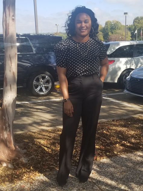 Polka dot business attire. Black work pants. Professional Clothing Polka Dot Blouse Outfit Work, Black Polka Dot Blouse Outfit, Black Polka Dot Shirt Outfit, White Polka Dot Blouse Outfit, Polka Dot Blouse Outfit, Blouse Outfit Work, Outfit Work, Kid Clothes, Polka Dot Blouse