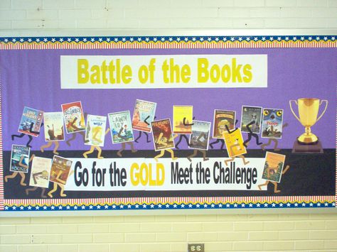 Battle of the Books bulletin board for library Bulletin Board Library, Books Bulletin Board, Tournament Of Books, Reading Contest, School Library Book Displays, Battle Of The Books, Book Bulletin Board, Reading Display, Library Media Center