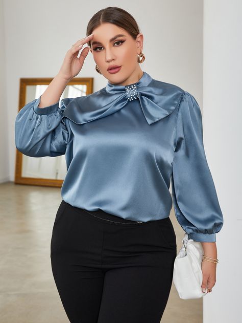 Dusty Blue Elegant Collar Long Sleeve Fabric Plain Top Embellished Non-Stretch  Plus Size Tops Satin Blouse Plus Size, Plus Size Satin Blouse, Fashion Tops Blouse Plus Size, Lace Blouse Styles, Satin Blouse Outfit, Chiffon Blouses Designs, Muharram Quotes, Graduation Suits, Fashion Work Outfit