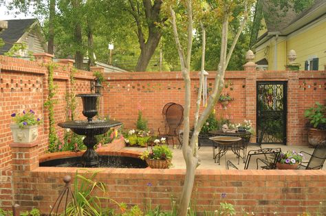 Fountain Sunroom Courtyard, Brick Wall Gardens, Brick Courtyard, Privacy Fencing, Brick Floor, Screened Porches, Walled Courtyard, Brick Patio, Outdoor Patio Diy