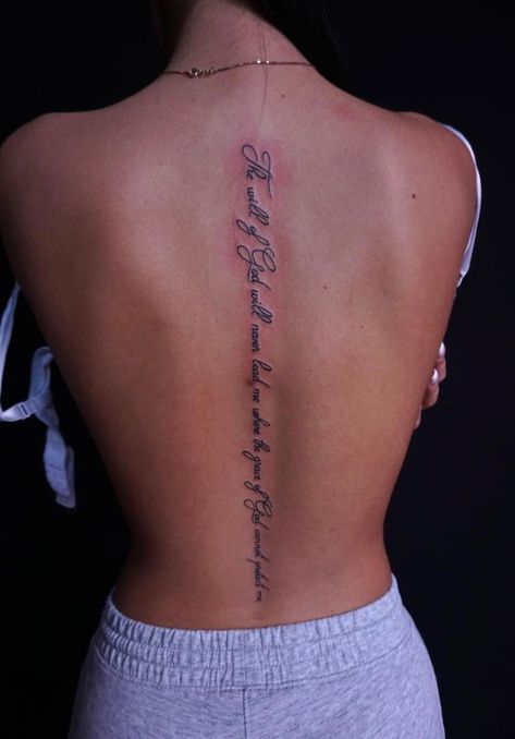 Discover tattoo inspiration featuring diverse and meaningful design concepts. Verse Spine Tattoos For Women, Godly Back Tattoos, Spine Tats Black Women, Bible Verse Tattoo Design, Words On Spine Tattoo, Bible Quote Spine Tattoo, Tattoo Down Spine For Women Quotes, Spine Tattoo In Spanish, Back Tattoos Spine Quotes