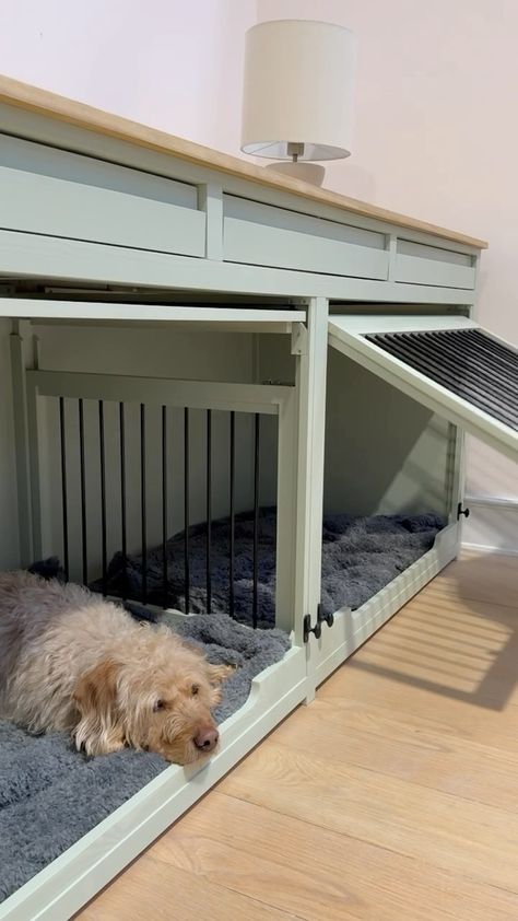 This gorgeous piece was designed to create a very open feel with two up and over doors that slide down and latch at the bottom when needed.… | Instagram Dog Bed Cabinet Built Ins, Dog Kennel In Office, Dog Kennel Under Counter, Dog Kennel With Storage, Under Counter Dog Kennel, Dog Kennel Mudroom, Living Room Dog Kennel, Build In Dog Crate, Under Deck Dog Kennel