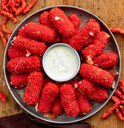 Cheeto Mozzarella Sticks, Hot Cheeto Mozzarella Sticks, Cheesy Appetizer, Spicy Appetizers, Hot Cheetos, Blue Cheese Dressing, String Cheese, Junk Food Snacks, Mozzarella Sticks